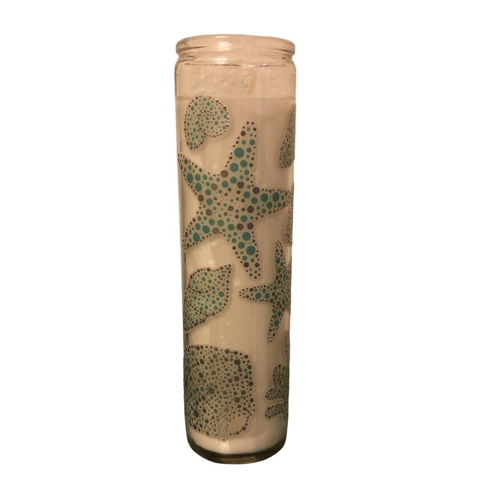 LUMEX Candle 7oz White Blue Tall Glass Wax Candle Seashells